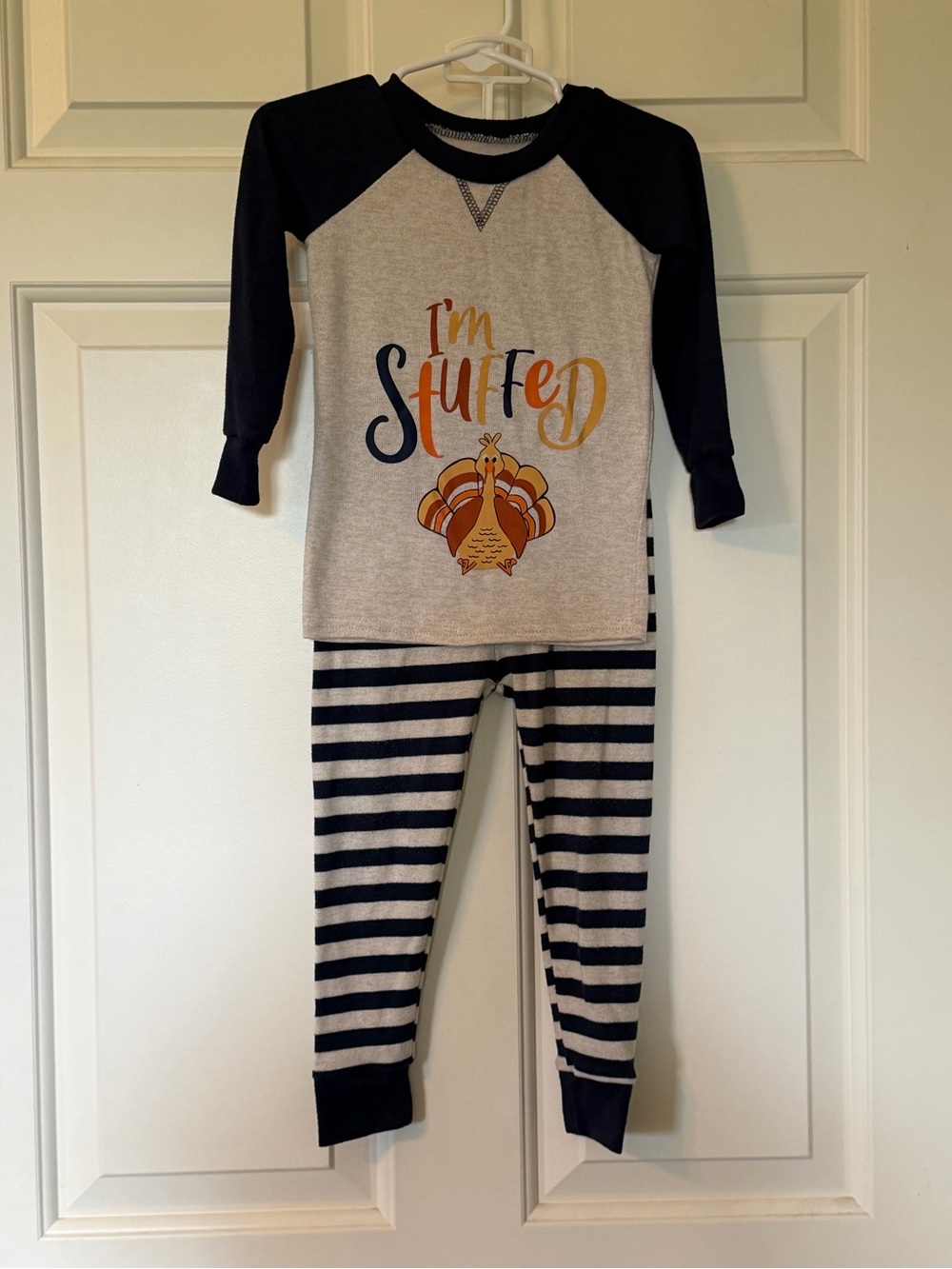 Navy & Cream 'I'm Stuffed' Turkey Pajama Set